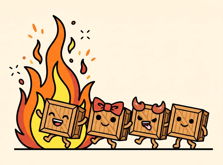 Jolly Crates jumping into a bonfire
